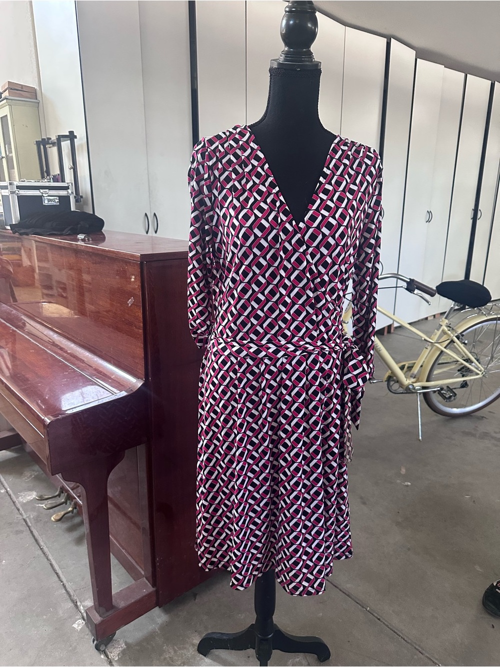 East 5th Black, Pink and White Geometric Long-Sleeve Wrap Dress